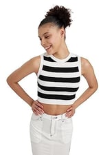 DeFacto Kadın Coool Slim Fit Bisiklet Yaka Çizgili Triko Atlet