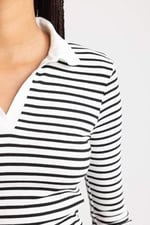 DeFacto Kadın Fitted Çizgili Polo Yaka Uzun Kollu Tişört