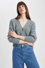DeFacto Kadın Regular Fit V Yaka Selanik Kumaş Hırka