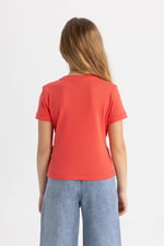 DeFacto Kız Çocuk Slim Fit Ribana Kısa Kollu Tişört Kırmızı 9/10 Yaş