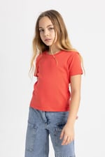 DeFacto Kız Çocuk Slim Fit Ribana Kısa Kollu Tişört Kırmızı 9/10 Yaş