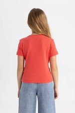 DeFacto Kız Çocuk Slim Fit Ribana Kısa Kollu Tişört Kırmızı 9/10 Yaş