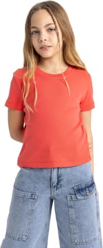 DeFacto Kız Çocuk Slim Fit Ribana Kısa Kollu Tişört Kırmızı 9/10 Yaş