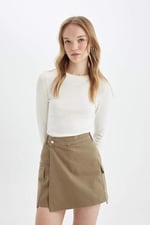 DeFacto Regular Fit Normal Bel Kargo Cepli Gabardin Şort Etek, 36, D4991AX24AU, Haki-KH474, Kadın