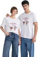 DeFacto Sevgililer Günü Unisex Kısa Kollu T-Shirt Üniseks Yetişkin Beyaz