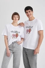 DeFacto Sevgililer Günü Unisex Kısa Kollu T-Shirt Üniseks Yetişkin Beyaz