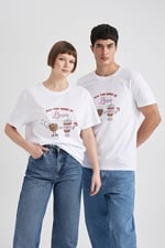 DeFacto Sevgililer Günü Unisex Kısa Kollu T-Shirt Üniseks Yetişkin Beyaz