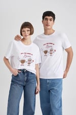 DeFacto Sevgililer Günü Unisex Kısa Kollu T-Shirt Üniseks Yetişkin Beyaz