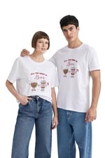 DeFacto Sevgililer Günü Unisex Kısa Kollu T-Shirt Üniseks Yetişkin Beyaz
