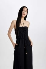 DeFacto Straplez Poplin Geniş Paça Uzun Tulum, 40, Straplez Poplin Geniş Paça Uzun Tulum, Siyah-BK81, Kadın