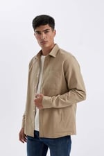 DeFacto%100 Pamuk Regular Fit Düğmeli Basic Düz Gabardin Uzun Kollu Gömlek, L, A5383AX24AU, Bej-BG801, Erkek