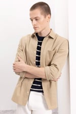 DeFacto%100 Pamuk Regular Fit Düğmeli Basic Düz Gabardin Uzun Kollu Gömlek, L, A5383AX24AU, Bej-BG801, Erkek