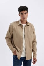 DeFacto%100 Pamuk Regular Fit Düğmeli Basic Düz Gabardin Uzun Kollu Gömlek, L, A5383AX24AU, Bej-BG801, Erkek