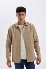 DeFacto%100 Pamuk Regular Fit Düğmeli Basic Düz Gabardin Uzun Kollu Gömlek, L, A5383AX24AU, Bej-BG801, Erkek