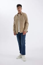 DeFacto%100 Pamuk Regular Fit Düğmeli Basic Düz Gabardin Uzun Kollu Gömlek, L, A5383AX24AU, Bej-BG801, Erkek