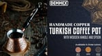 DEMMEX 2 mm Kalın Bakır Türk Yunan Arap Kahve Demliği Oyulmuş Ocak Üstü Kahve Makinesi Cezve Ibrik Briki, Ahşap Saplı ve Kaşıklı, 3 Kişilik (Mat Bakır)