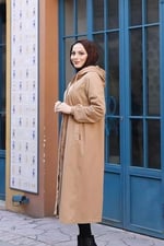 Denim Kapşonlu Kap- Denim Pardesü/KAHVERENGİ