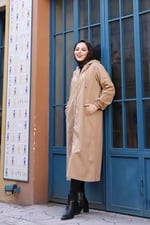 Denim Kapşonlu Kap- Denim Pardesü/KAHVERENGİ