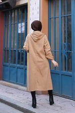 Denim Kapşonlu Kap- Denim Pardesü/KAHVERENGİ