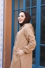 Denim Kapşonlu Kap- Denim Pardesü/KAHVERENGİ