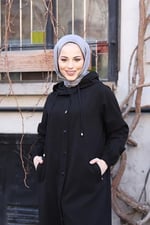 Denim Kapşonlu Kap- Denim Pardesü/KAHVERENGİ