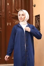 Denim Kapşonlu Kap- Denin Pardesü-Lacivert