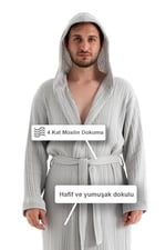 DENİZLİ CONCEPT Unisex Kapşonlu 4 Kat Müslin Bornoz (Gri, XXL)