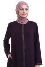 Derin Store Fermuar Kol Taşlı Ferace 23302-23 Mor