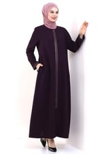 Derin Store Fermuar Kol Taşlı Ferace 23302-23 Mor