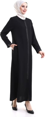 Derin Store Fermuar Kol Taşlı Ferace 23302-23 Siyah