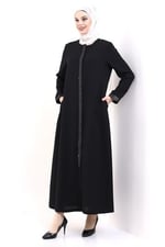 Derin Store Fermuar Kol Taşlı Ferace 23302-23 Siyah