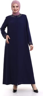 Derin Store Yaka ve Kol Taşlı Tesettür Ferace 23300-23 İndigo