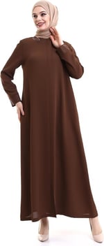 Derin Store Yaka ve Kol Taşlı Tesettür Ferace 23300-23 Toprak