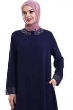 Derin Store Yaka ve Kol Taşlı Tesettür Ferace 23300-23 İndigo