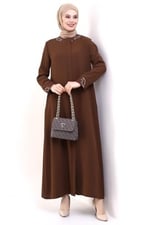Derin Store Yaka ve Kol Taşlı Tesettür Ferace 23300-23 Toprak