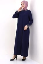 Derin Store Yaka ve Kol Taşlı Tesettür Ferace 23300-23 İndigo