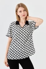 DESEN TRİKO Kadın Polo Yaka Kare Desenli T-shirt, dsnNM6939