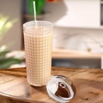 Desenli Borosilikat Pipetli Cam Bardak, 550 ml, Kapaklı ve Pipetli, Soğuk İçecekler İçin Kupa Mug