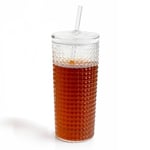 Desenli Borosilikat Pipetli Cam Bardak, 550 ml, Kapaklı ve Pipetli, Soğuk İçecekler İçin Kupa Mug