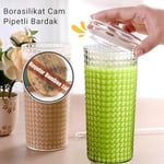 Desenli Borosilikat Pipetli Cam Bardak, 550 ml, Kapaklı ve Pipetli, Soğuk İçecekler İçin Kupa Mug