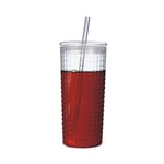 Desenli Borosilikat Pipetli Cam Bardak, 550 ml, Kapaklı ve Pipetli, Soğuk İçecekler İçin Kupa Mug