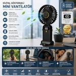 Dijital Göstergeli Mini Vantilatör, Şarjlı Masaüstü Vantilatör, Taşınabilir 12000 Rpm El Fanı, Ergonoik Tasarım, Kademeli ve Sessiz Çalışma, Soğutucu Mini El Fanı, El Tipi ve Masaüstü Kullanım