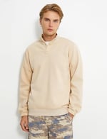 Dik Yaka Sweatshirt Çıtçıt Düğme Detaylı Uzun Kollu Şardonlu