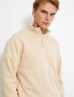 Dik Yaka Sweatshirt Çıtçıt Düğme Detaylı Uzun Kollu Şardonlu