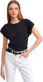 DILVIN Bisiklet Yaka Penye T-Shirt Kadın Yazlık Günlük Basic Kısa Kollu Düz Kesim Tişört