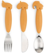 Done by Deer Easy grip Geyik Arkadaşları Hardal Sarısı Çatal Bıçak Takımı - Kaşık, Çatal ve Bıçaklı - Yumuşak, Kaymaz Silikon Saplı Çocuk Çatal Bıçak Takımı - Çocuklar için Sevimli Vaftiz Hediyeleri