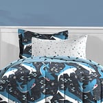 dream FACTORY Çocuk 5 Parça Tam Set Kolay Yıkama Süper Yumuşak Mikrofiber Yorgan Yatak Takımı, İkiz, Mavi Köpek Balıkları - Seçenekler: Full, Twin