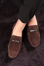 Ducavelli Halb Hakiki Deri Erkek Günlük Ayakkabı, Loafer Ayakkabı, Hafif Ayakkabı, Tokalı Loafer, Süet Ayakkabı Kahverengi, 40