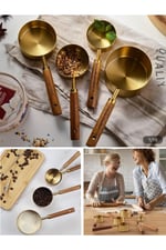DUFFA Premium Ahşap Saplı Gold Ölçü Kabı Seti - 4'lü Paslanmaz Çelik Gold Ölçü Kaşığı ve Kabı, Şef Tipi Hassas Sıvı ve Kuru Malzeme Ölçeği, Mutfak ve Pişirme Seti