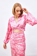 Düğüm Detaylı Desenli Bluz - Pembe